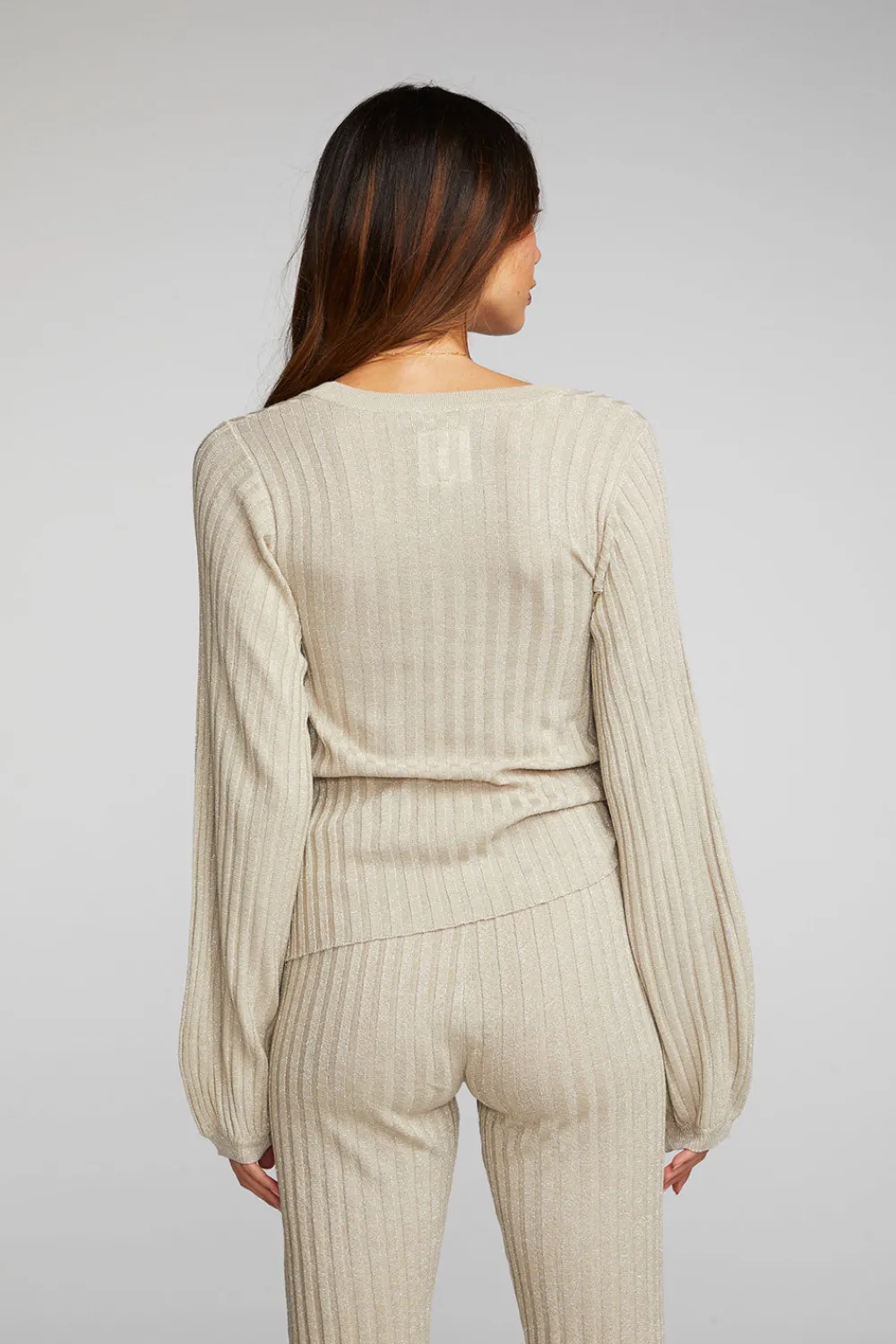 Hot Lurex Rib Knit Long Sleeve Tunic Women Tops