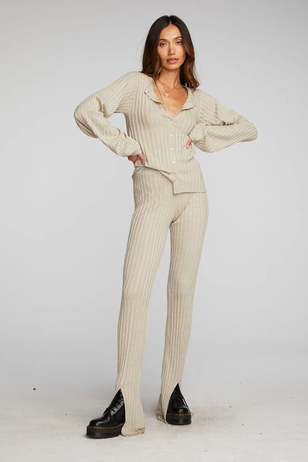 Hot Lurex Rib Knit Long Sleeve Tunic Women Tops