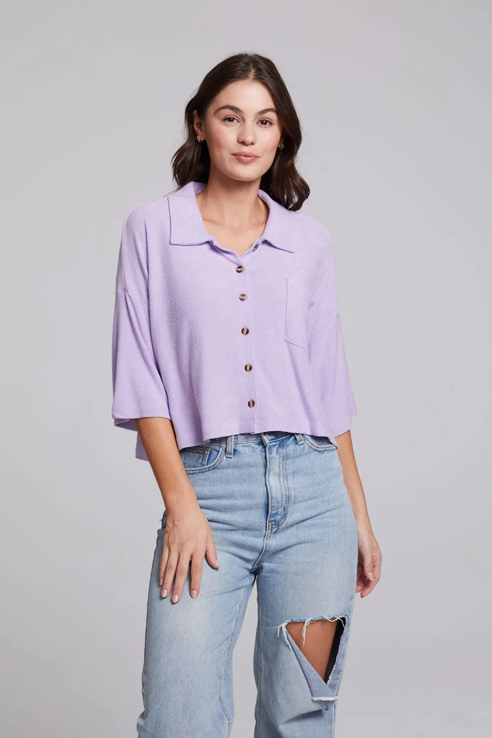Hot Marine Crop Button Down - Digital Lavender Women Loungewear|Tops