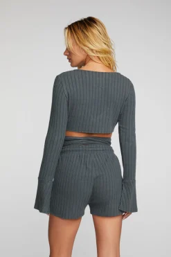Clearance Poor Boy Rib Long Sleeve Wrap Top Women Tops