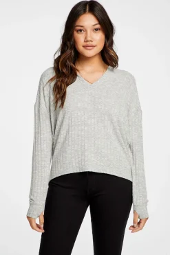 Fashion Poor Boy Rib V Neck Thumbhole Pullover Hoodie Women Outerwear|Tops