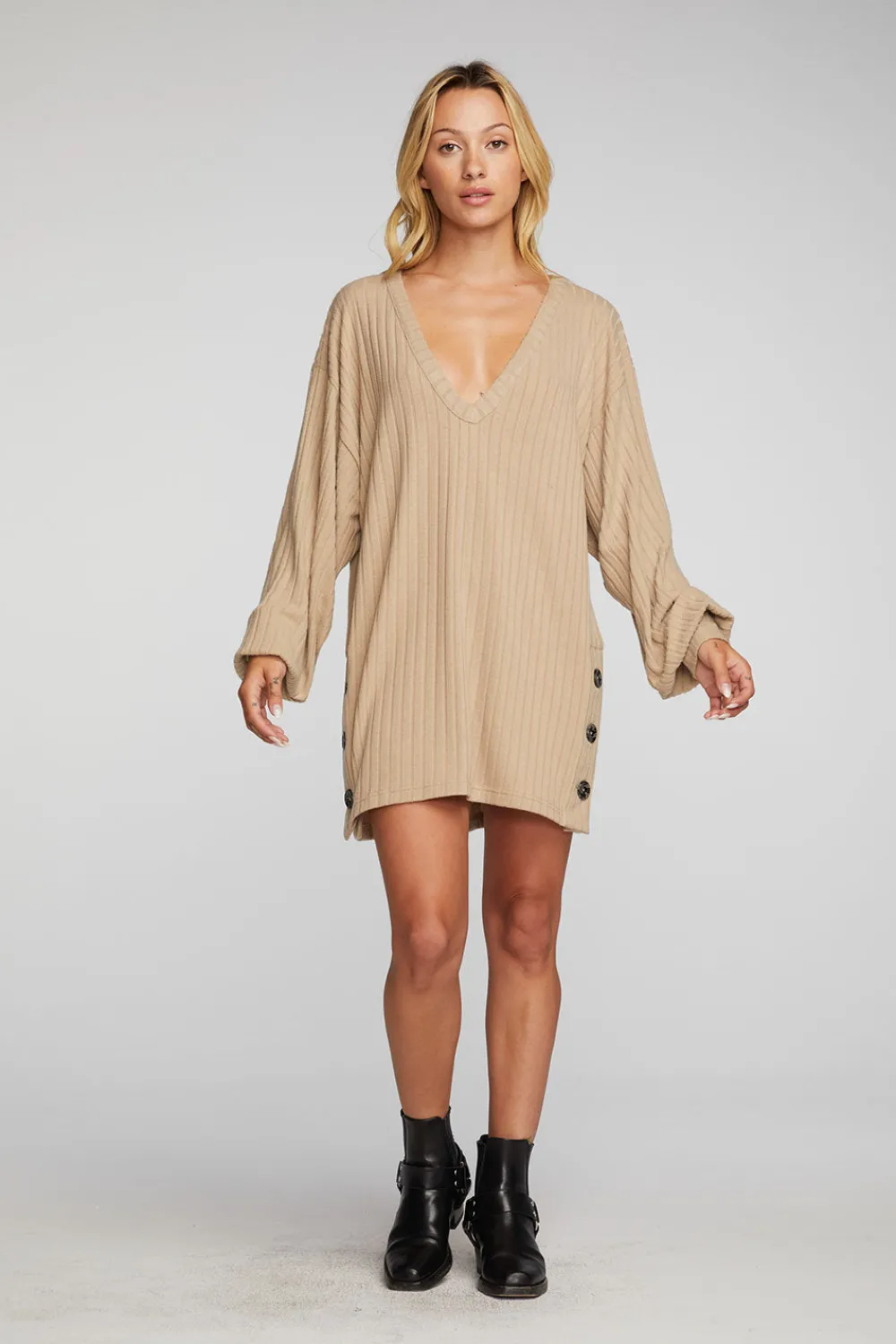 Fashion Poor Boy Rib V-neck Tunic With Button Side Seam Women Tops