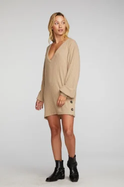 Fashion Poor Boy Rib V-neck Tunic With Button Side Seam Women Tops