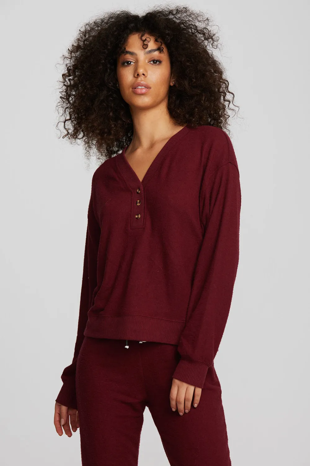 New Recycled Bliss Knit Long Sleeve Henley With Rib Women Loungewear|Tops