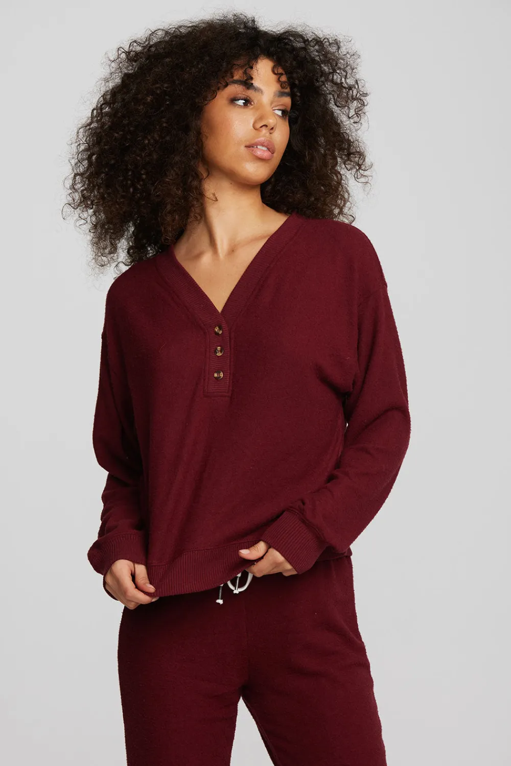 New Recycled Bliss Knit Long Sleeve Henley With Rib Women Loungewear|Tops