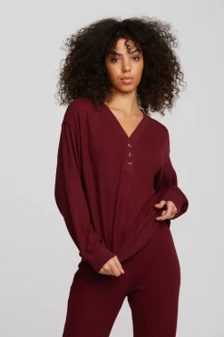 New Recycled Bliss Knit Long Sleeve Henley With Rib Women Loungewear|Tops