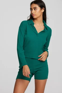 Flash Sale Recycled Vintage Rib Cropped Polo With Distressed Detail Long Sleeve Women Tops