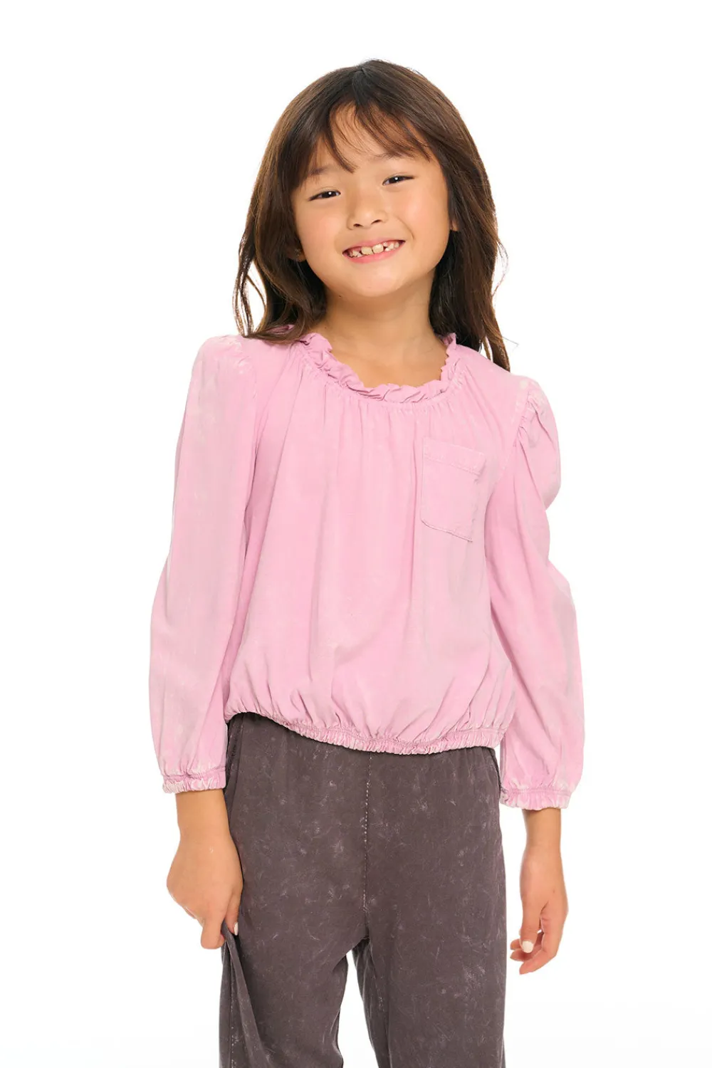 Hot Ruffle Neck Pocket Shirred Tee Kids Girls