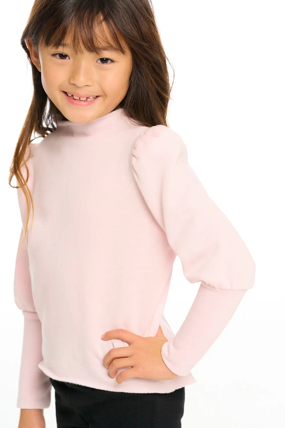 Cheap Semi Cropped Hi Lo Mock Neck Puff Sleeve Pullover Kids Girls