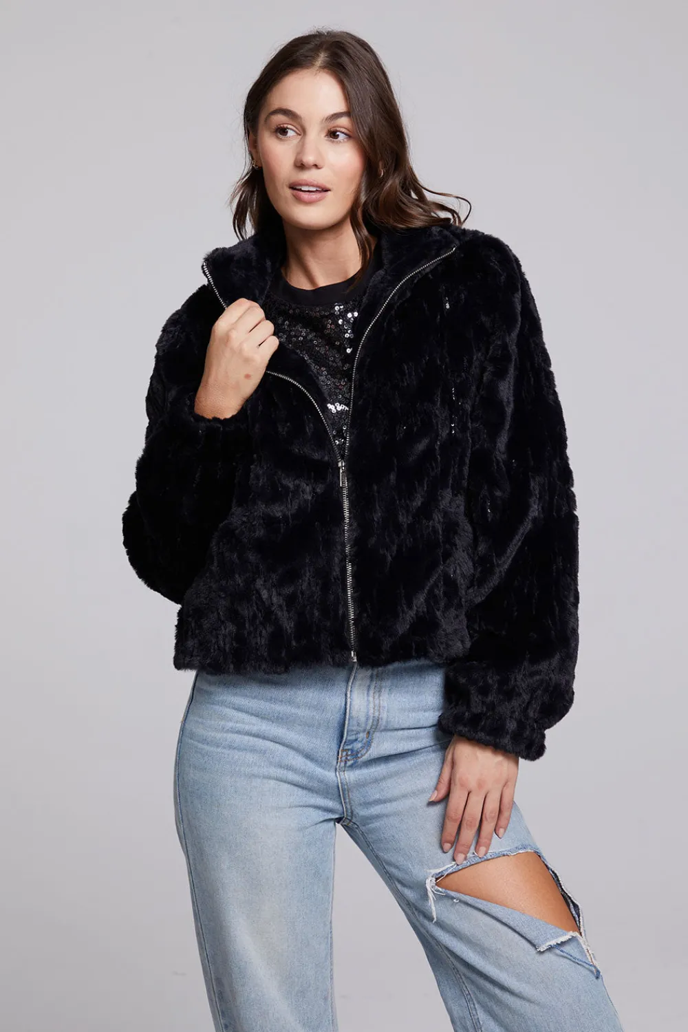 Cheap Sequin Faux Fur Puff Sleeve Jacket Women Outerwear|Loungewear