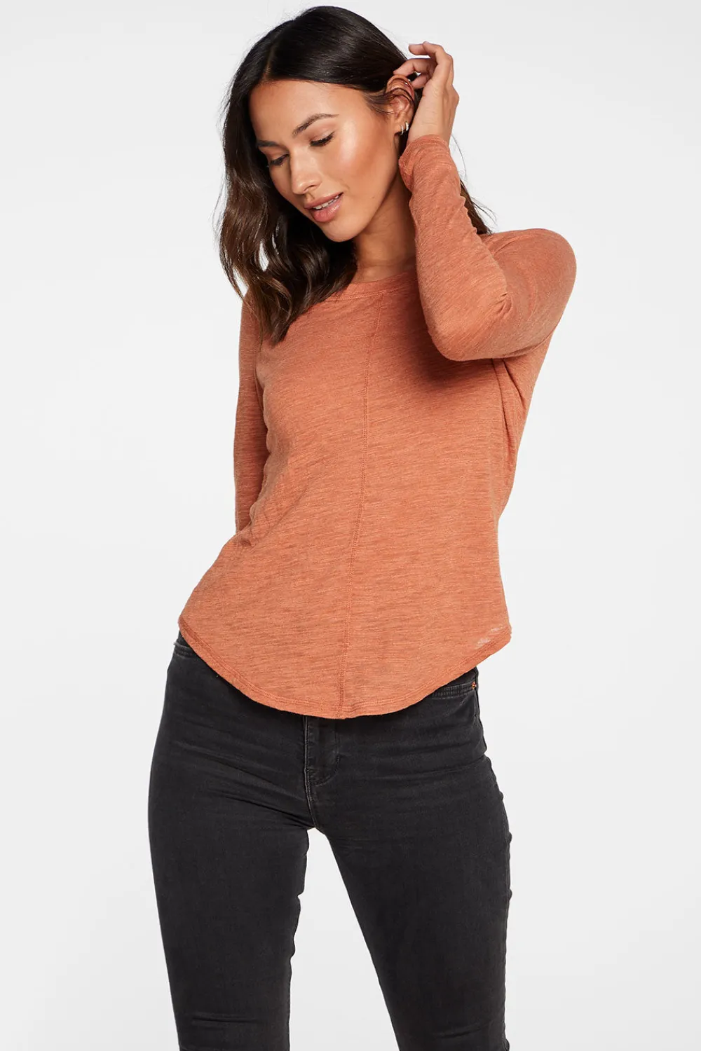 Best Sale Slub Jersey Long Sleeve Seamed Tee In Sunkissed Brown Women Tops