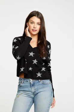Fashion Star Intarsia V-Neck Raglan Pullover Women Outerwear