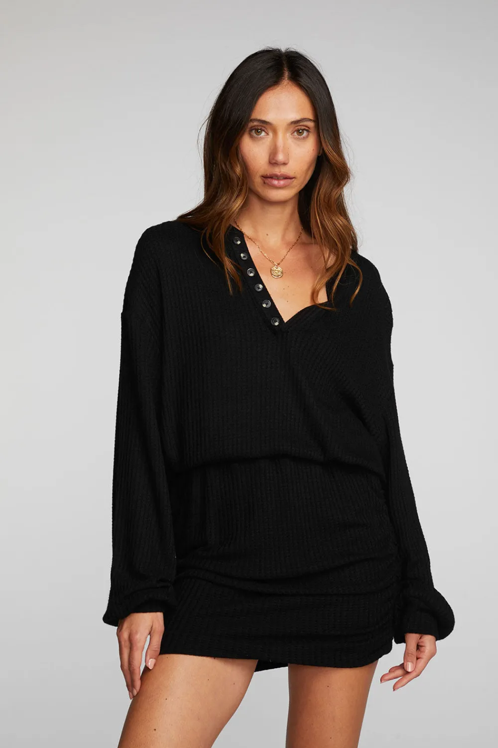 New Thermal Waffle Mini Dress With Shirring Women Loungewear|Dresses