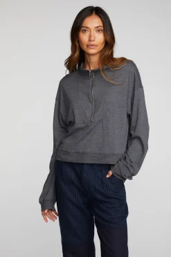 New Triblend Half Zip Pullover With Rib Women Loungewear|Tops