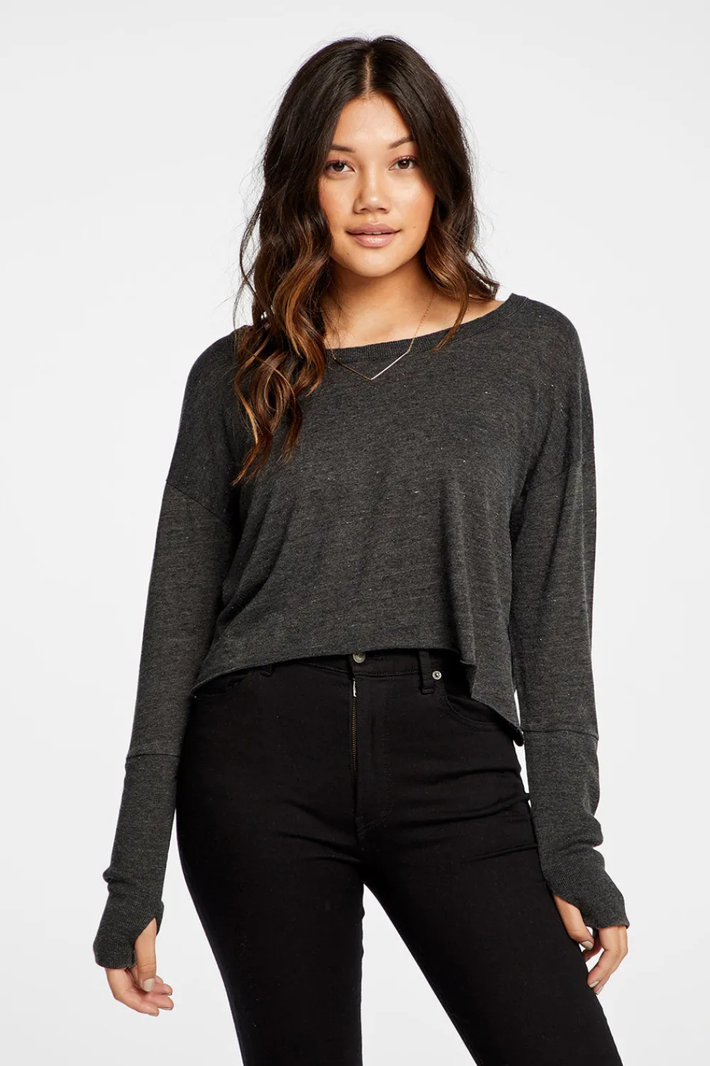 Shop Triblend Jersey Cropped Open Neck Long Sleeve Thumbhole Tee Women Tops