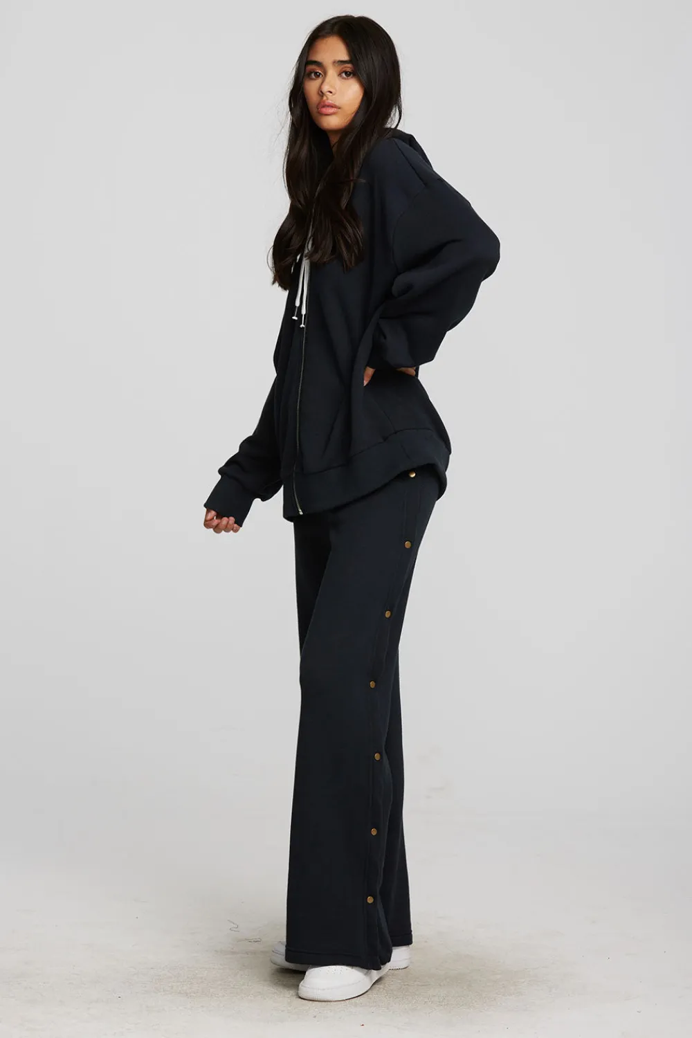 New Zuma Cotton Terry Wide Leg Joggers With Button Side Seam Women Loungewear|Bottoms